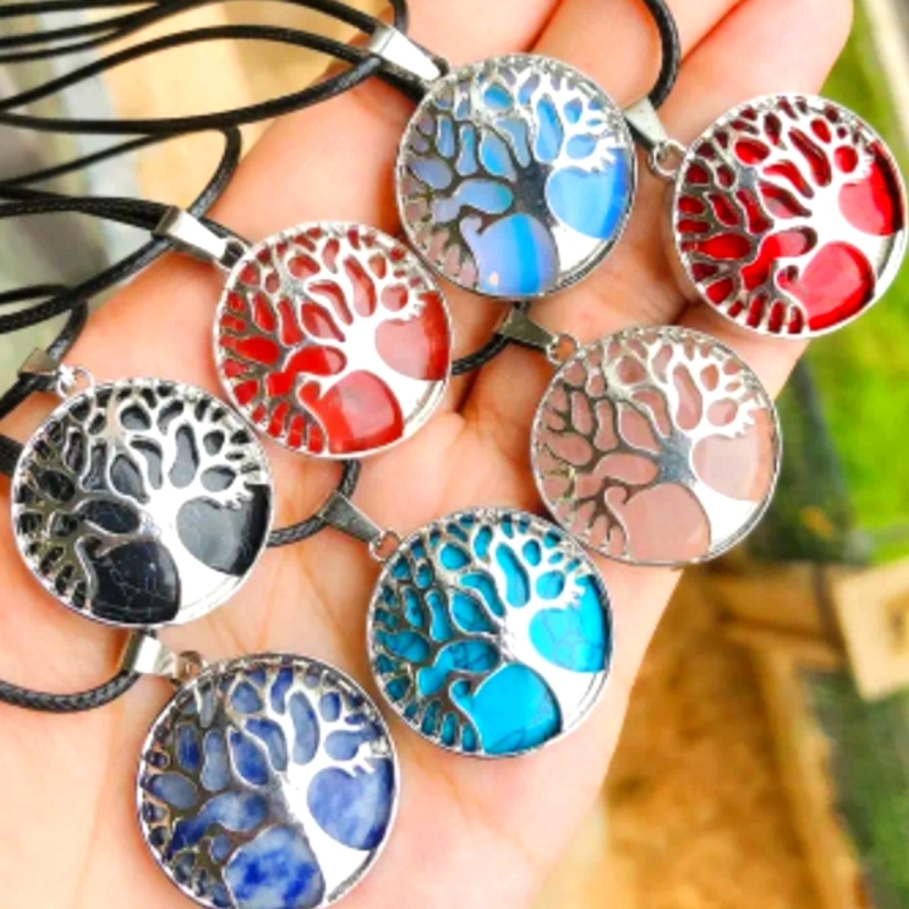 1 pcs Tree of Life Pendant Necklaces with Natural Crystal, Assorted Colors